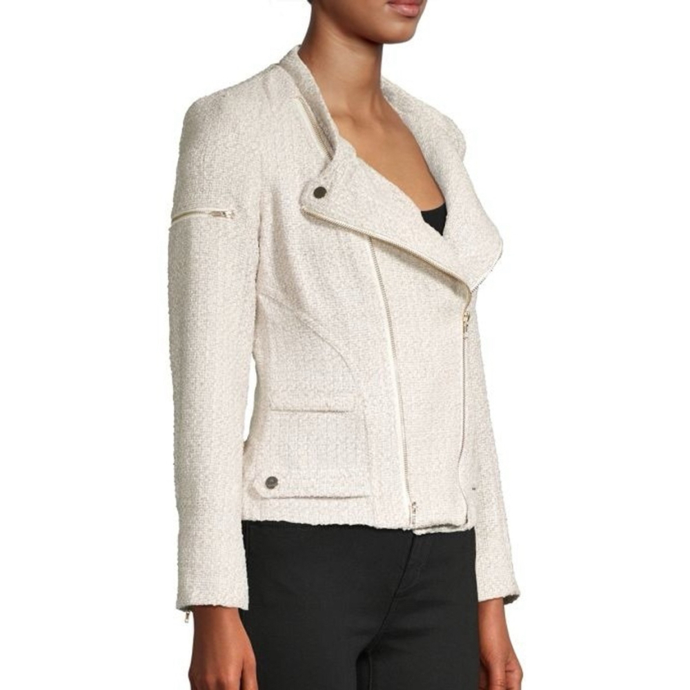 Dolce Cabo Tweed Moto Jacket with Gold Details Size:M Women Pockets Lined Beige